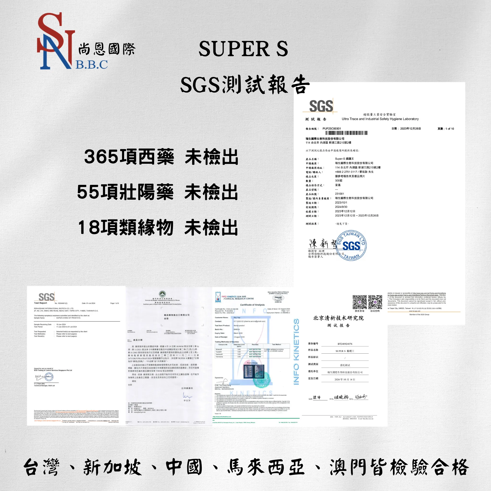 尚恩國際有限公司所開發的植萃保健食品,針對男性攝護腺保養所開發的Super-S,SGS檢驗報照片