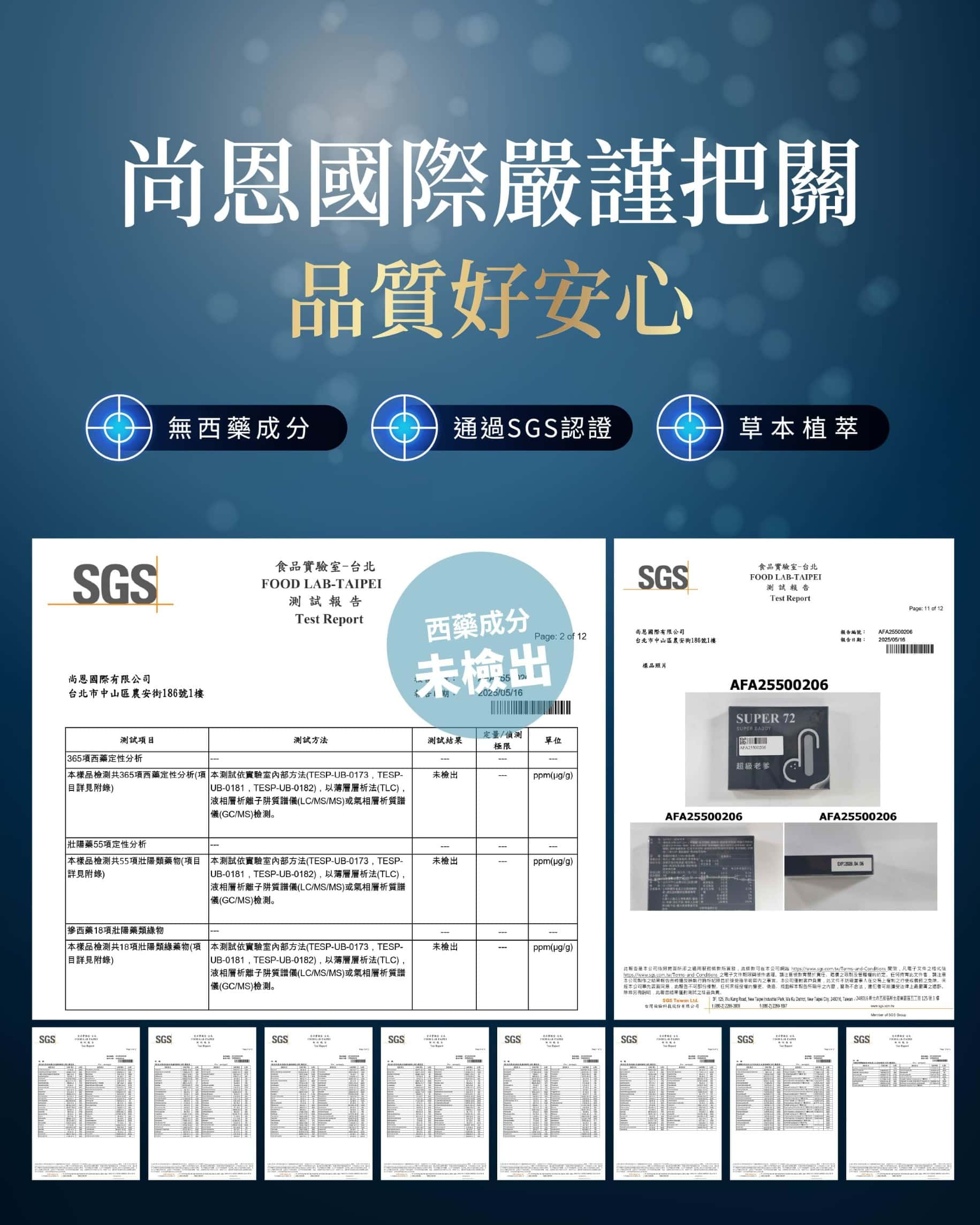 尚恩國際銷售的男性性功能保健食品經過SGS檢驗證實不含西藥、不含壯陽藥、不含類綠物的報告照片